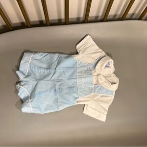 Baby boy Blue & White pleated embroidered collared train Romper mint condition